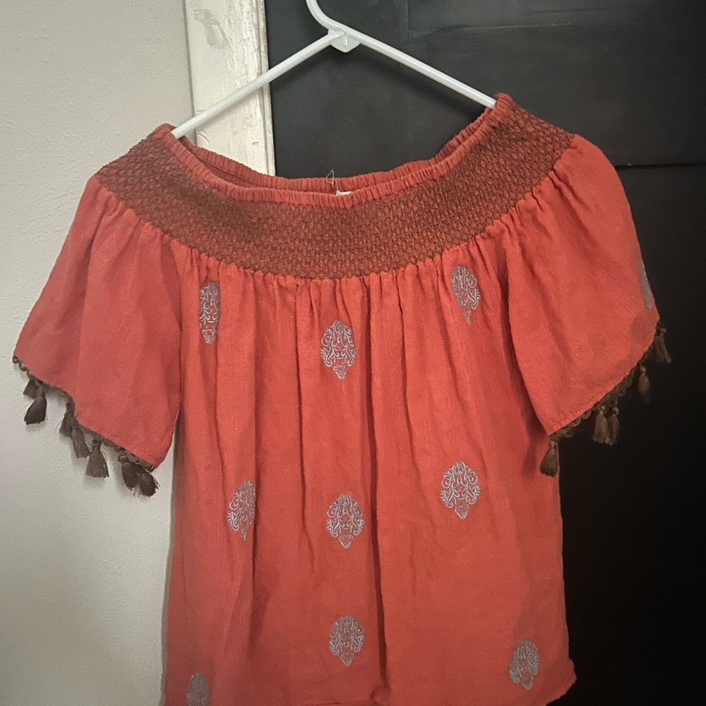THML Orange and Pink Flutter Sleeve Smocked Blouse